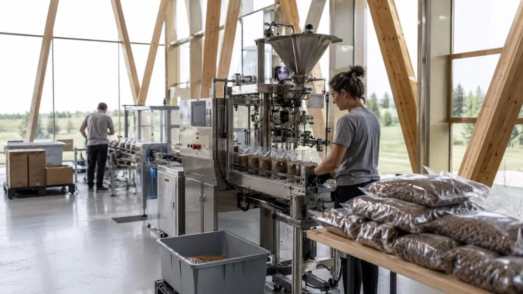 Co może powodować nierówny przepływ granulatu w zasobniku maszyny pakującej?